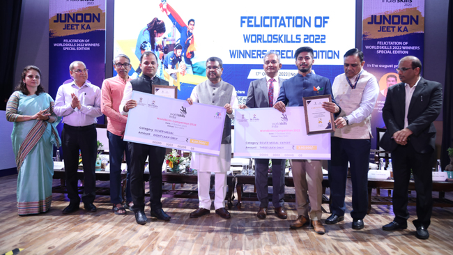 Shri Dharmendra Pradhan felicitates winners of WorldSkills Competition 2022, launches IndiaSkills