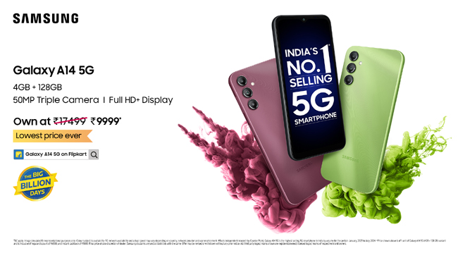 samsung-galaxya14-5g-india-s-best-selling-5g-smartphone-to-be-available-at-a-never-before-price-of-just-inr-9999-during-flipkart-big-billion-day-sale